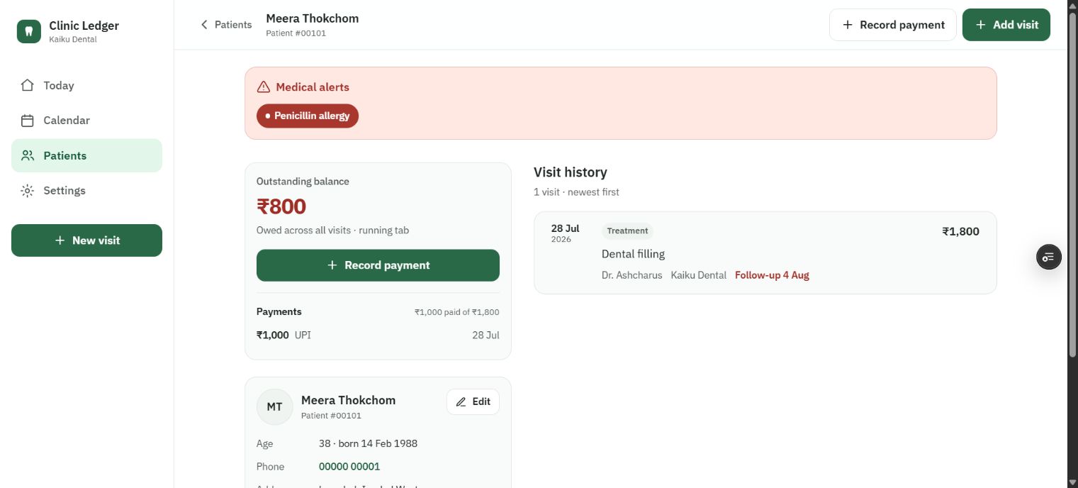 Fictional Clinic Ledger patient record showing a medical alert, payment, balance, treatment, and follow-up