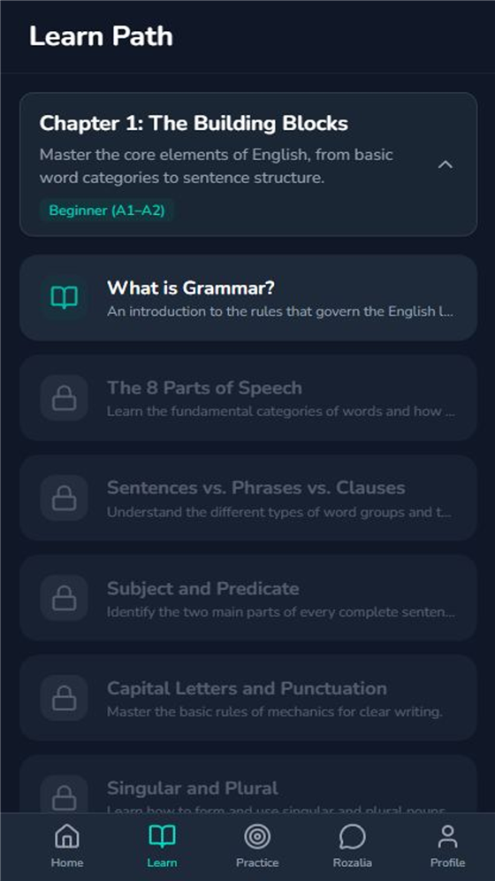 GrammarScout learn path listing lessons in order