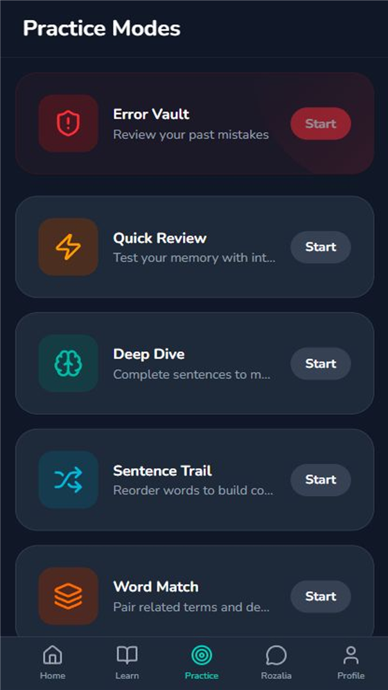 GrammarScout practice screen listing the practice modes