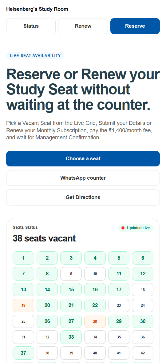 The same seat grid on a phone, with reserve, renew and status buttons at the top